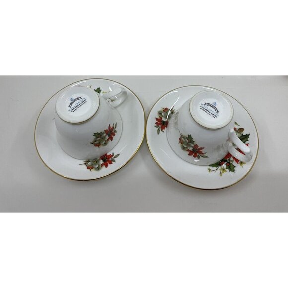 Sadler Wellington Bone China Poinsettia Tea Cups & Saucers Set of 2 Holiday - Picture 1 of 10